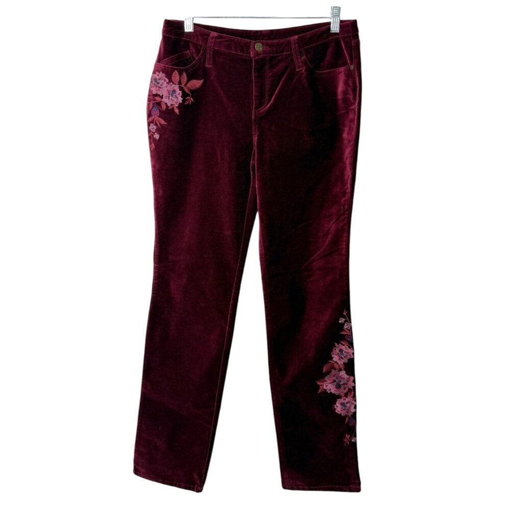 Sundance Velvet Floral Embroidered Straight Leg Pants Burgundy Womens Size 27
